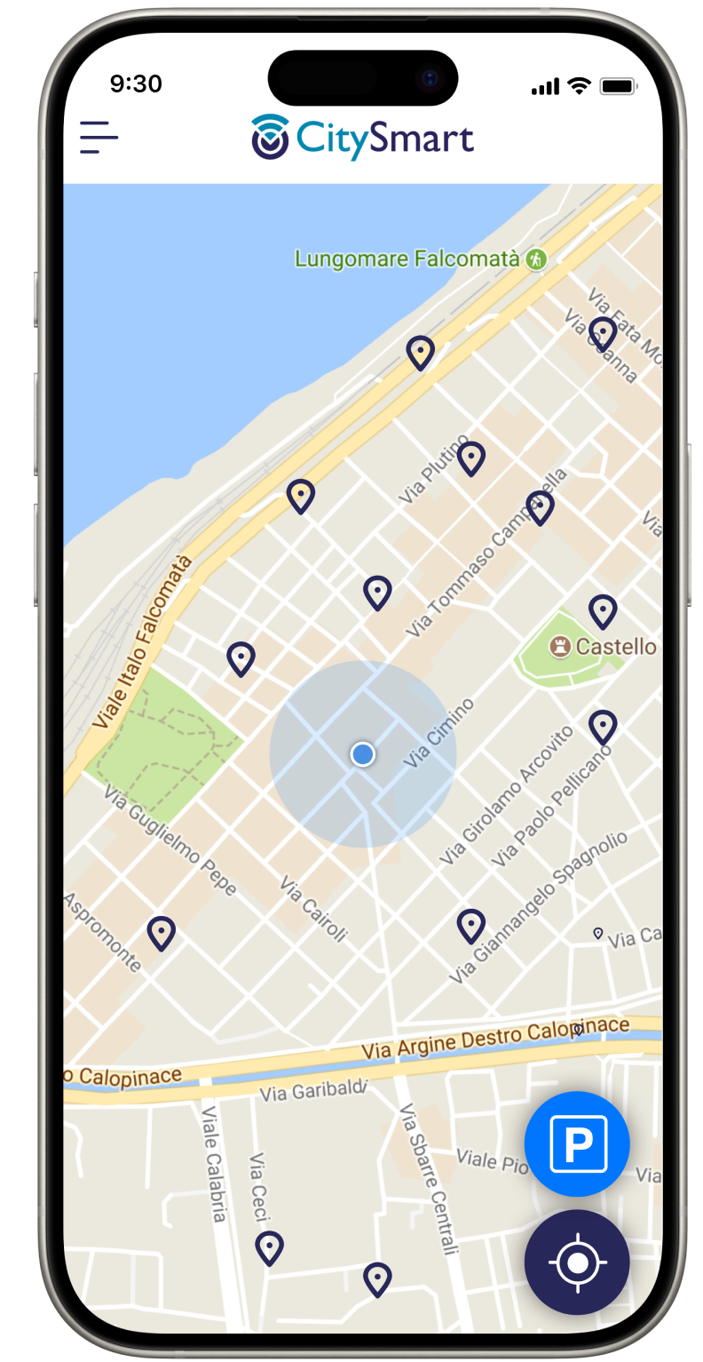 Smartphone shows map with points of interest for urban mobility  